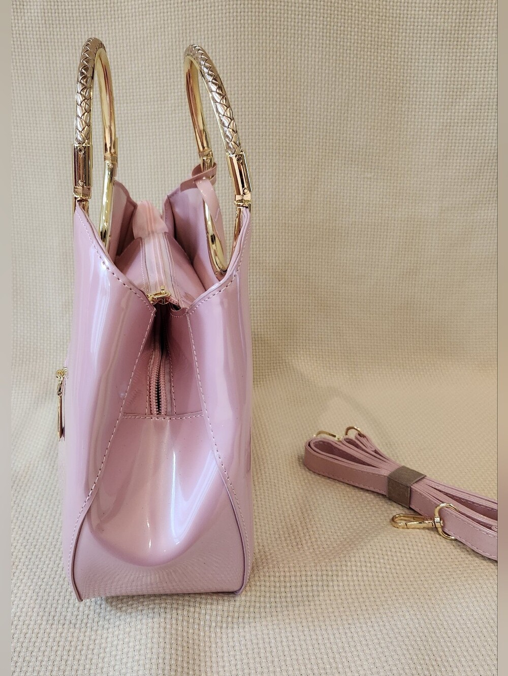 Pink Patent Leather Satchel Gold Ring Top Handle Crossbody Bag Structured Purse - Picture 8 of 16